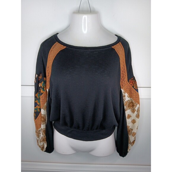 Free People Casual Clash Cropped Top Small Black Waffle Knit Long Sleeves EUC - Picture 1 of 8